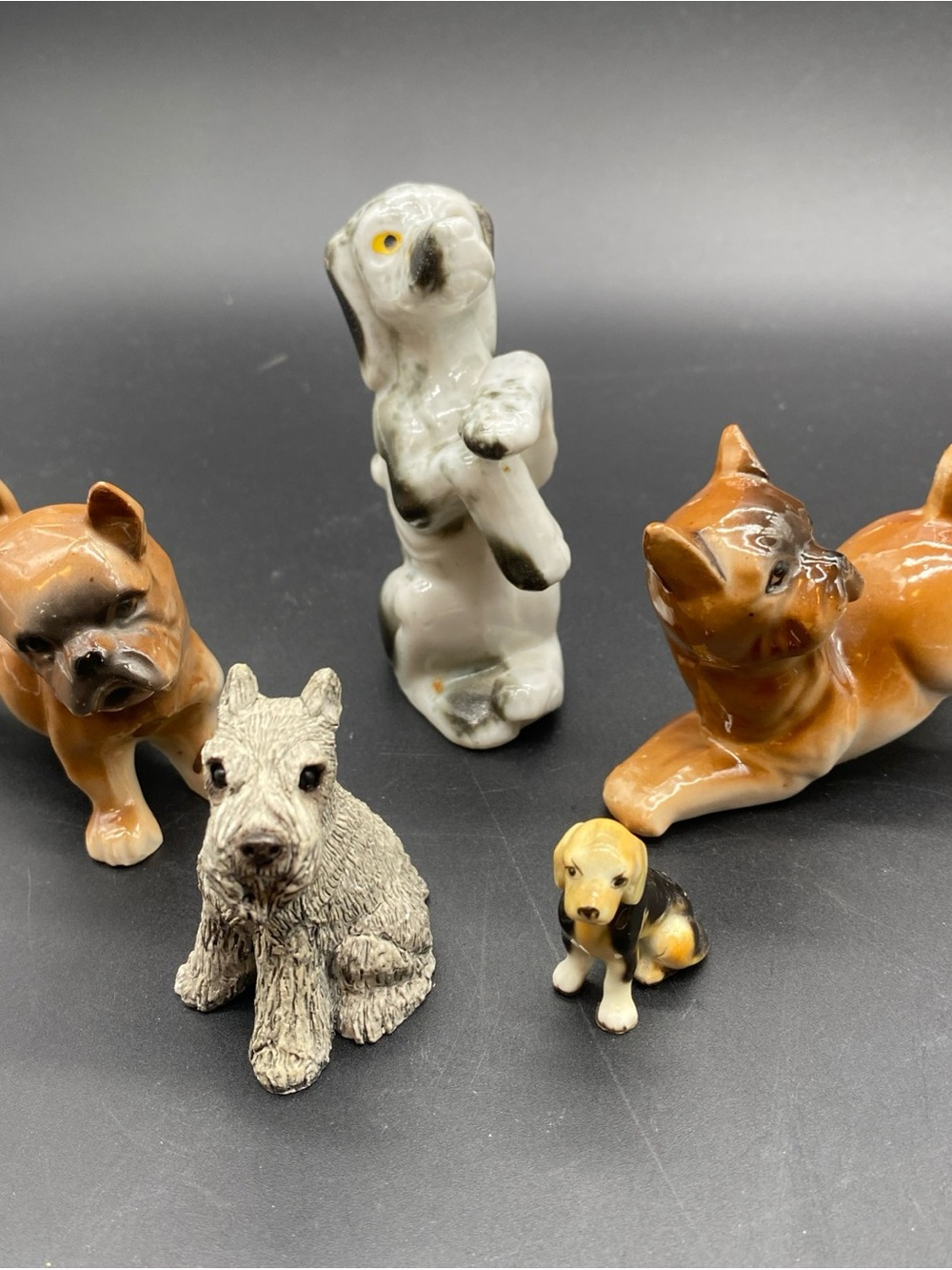 Assorted  Dog Figurine Set - Brown, White, Tan, Gray Ceramic and Stone